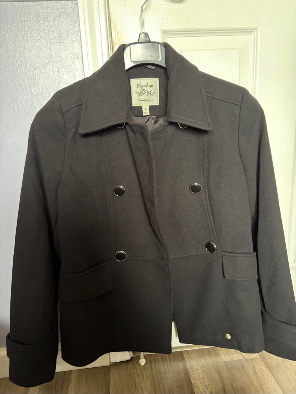 Maralyn & Me Black Double-Breasted Pea Coat with Gold Buttons
